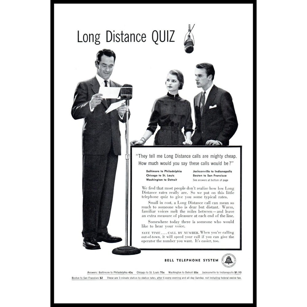 1954 Bell Telephone System Vintage Print Ad Long Distance Game Show Wall Art